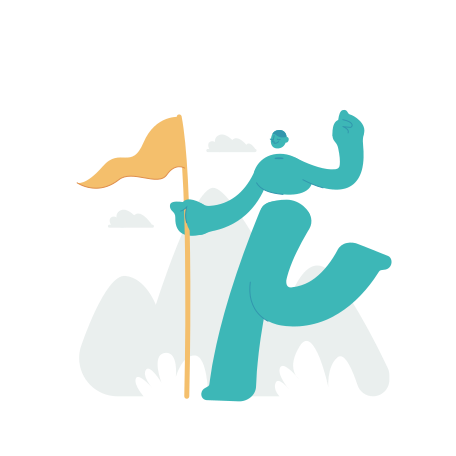 Stylized figure holding a flag on a mountain peak