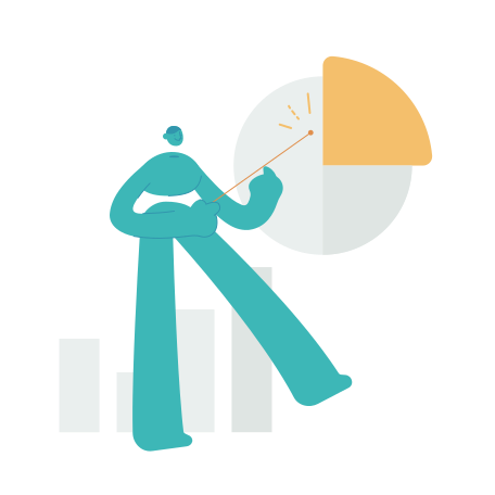 Stilisierte Figur, die auf ein Tortendiagramm mit Balkendiagramm zeigt.
