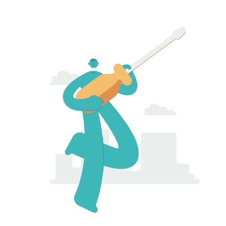 Une silhouette turquoise tenant un grand tournevis comme une guitare.