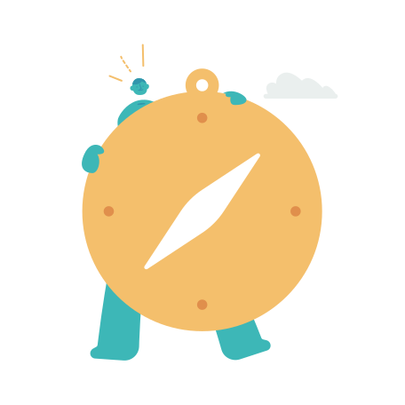 A stylized compass character walking with a cloud