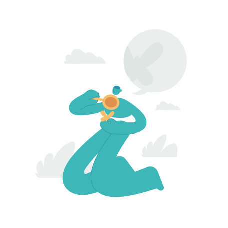 Figura turquesa segurando uma xícara, com balão de fala.