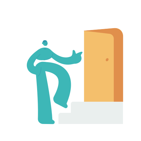 Abstract figure opening a door on steps
