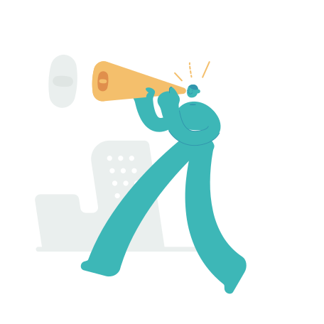 A teal figure looks through a telescope at a cityscape.