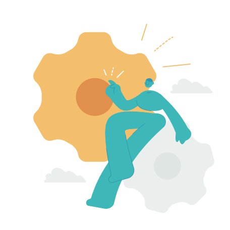 Teal figure interacts with large orange gear.