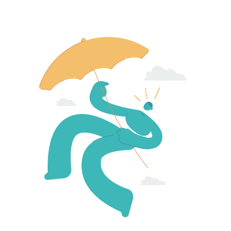 Abstract figure holding an umbrella under cloudy skies