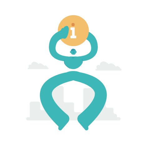Stylized figure holding a golden circle with an information icon.