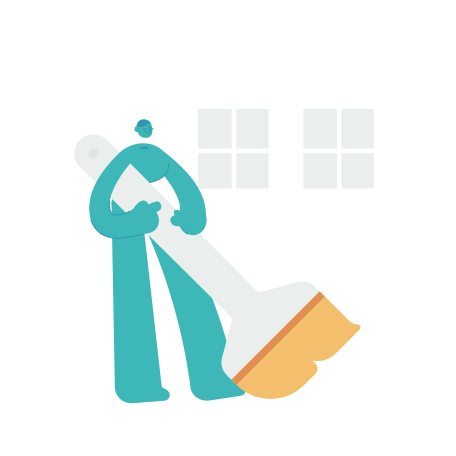 Stylized person sweeping floor with a broom.