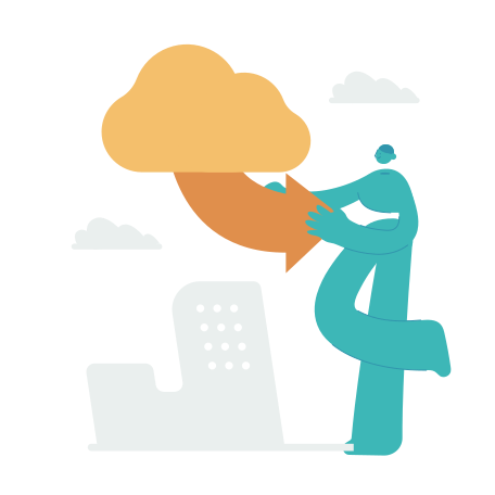 Person, die eine Wolke mit Pfeil über dem Gebäude trägt.