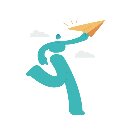 Türkis-Figur, die mit einem Papierflugzeug läuft