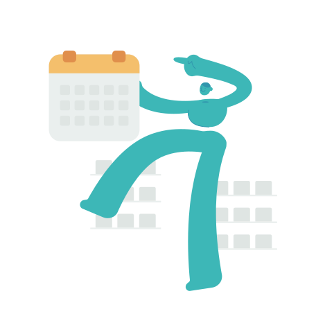 Stylized figure holding a calendar with buildings behind