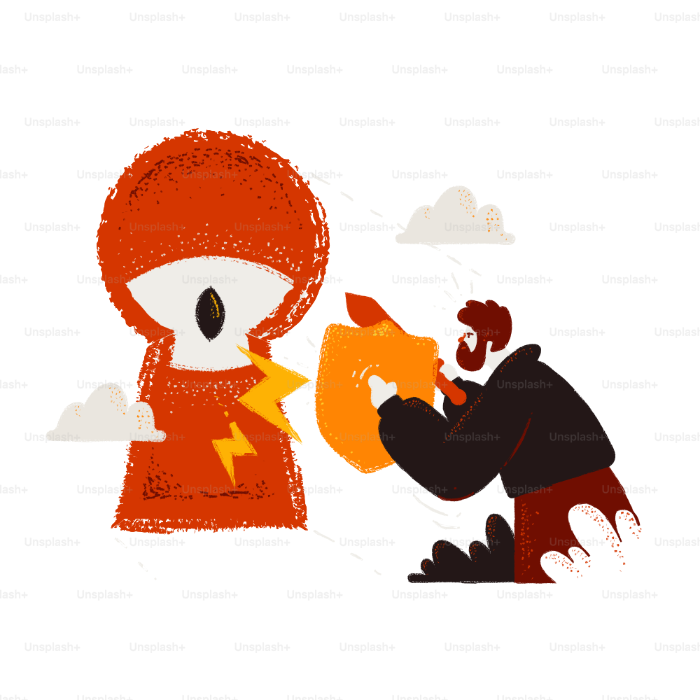 Der Mensch bietet Apfel zur abstrakten roten Figur an.