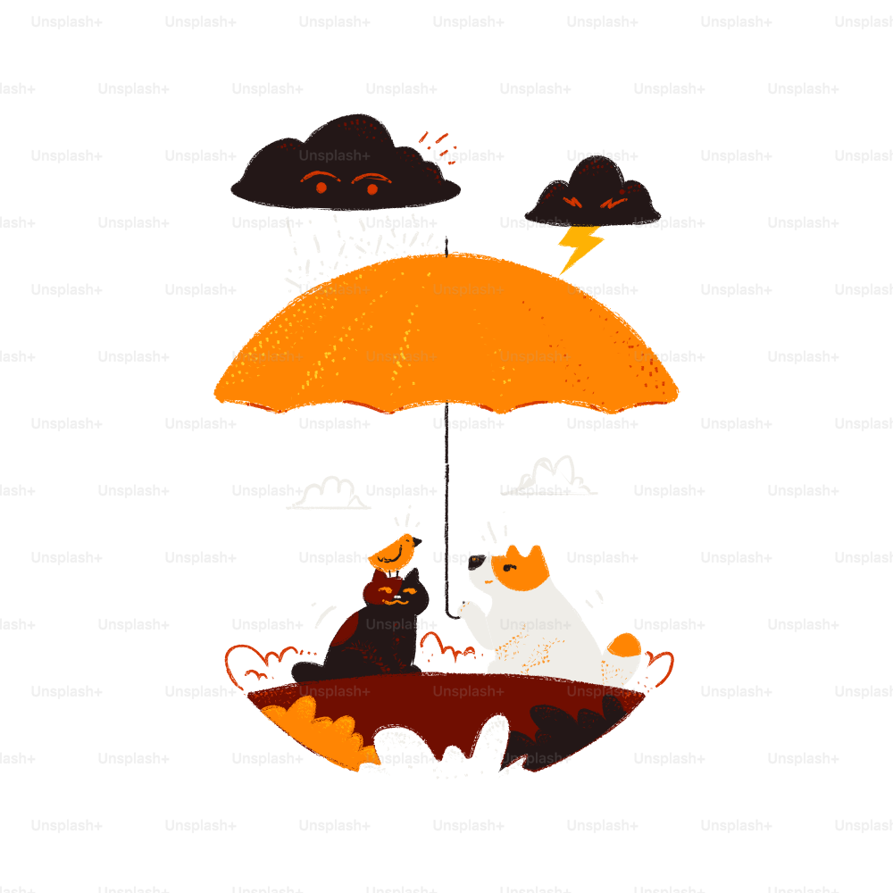 Cat and dog share umbrella during storm