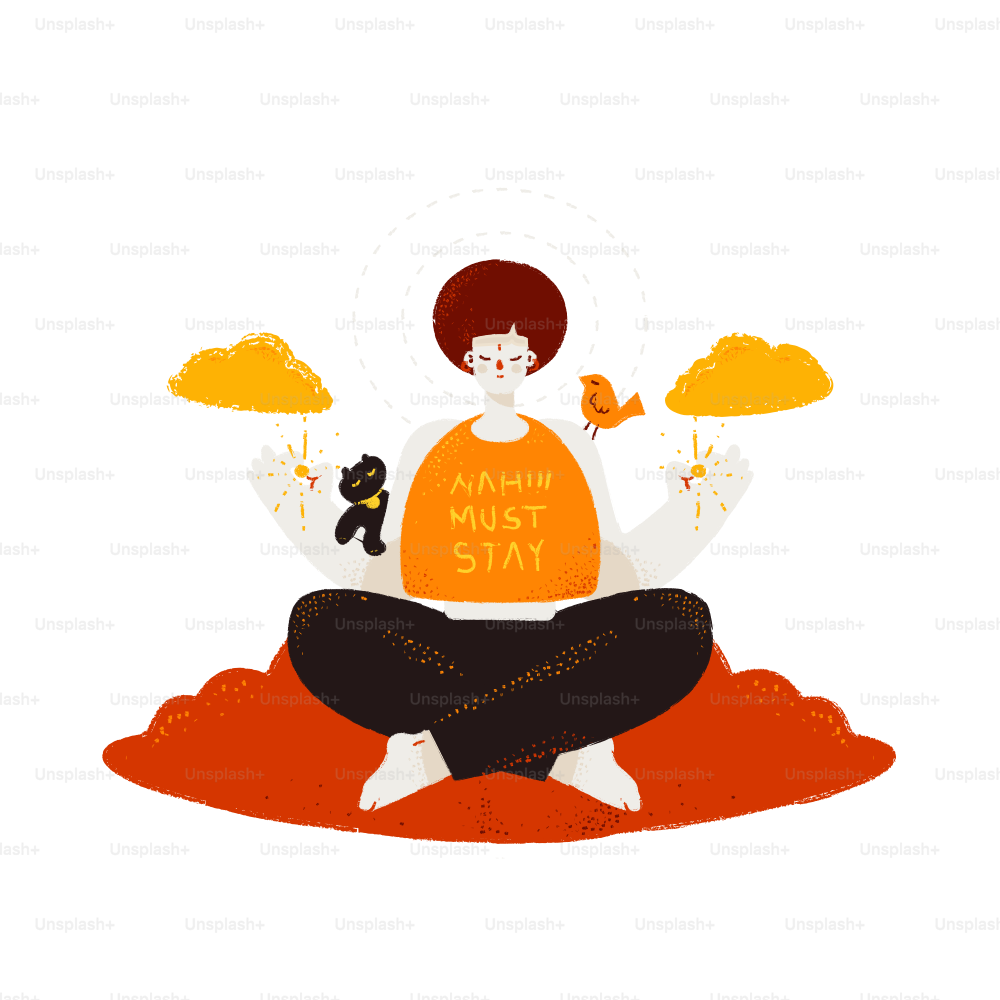 Person meditating with clouds and animals