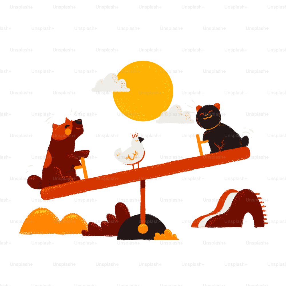 Two dogs and a bird on a seesaw