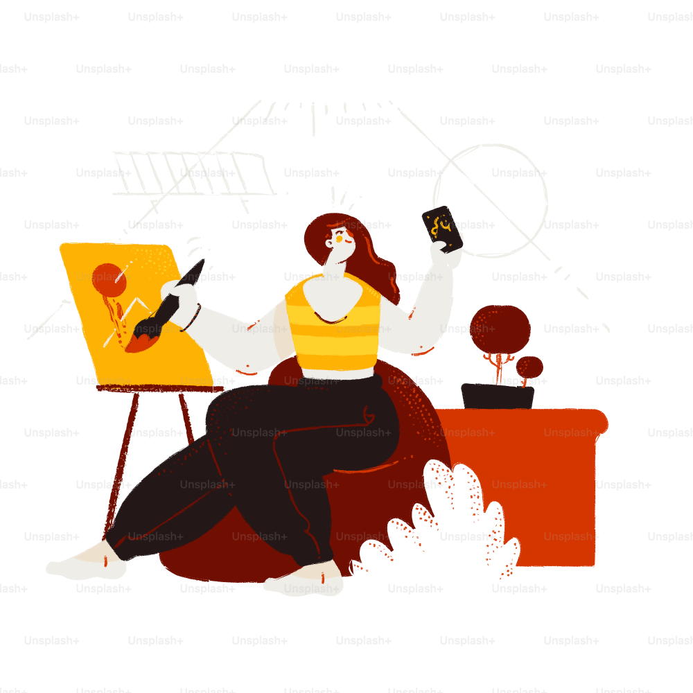 Artist painting on canvas with smartphone in-ear headphones