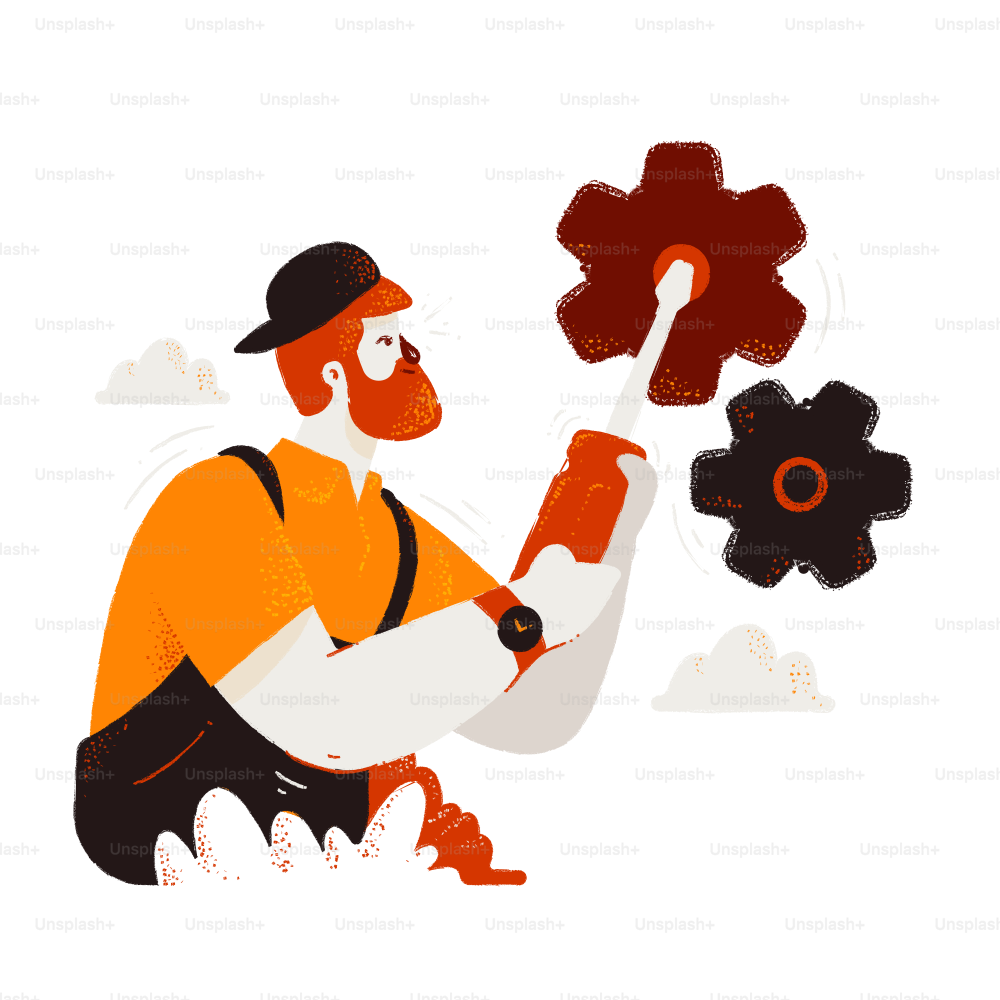 Homem com barba ajustando engrenagens com uma chave inglesa