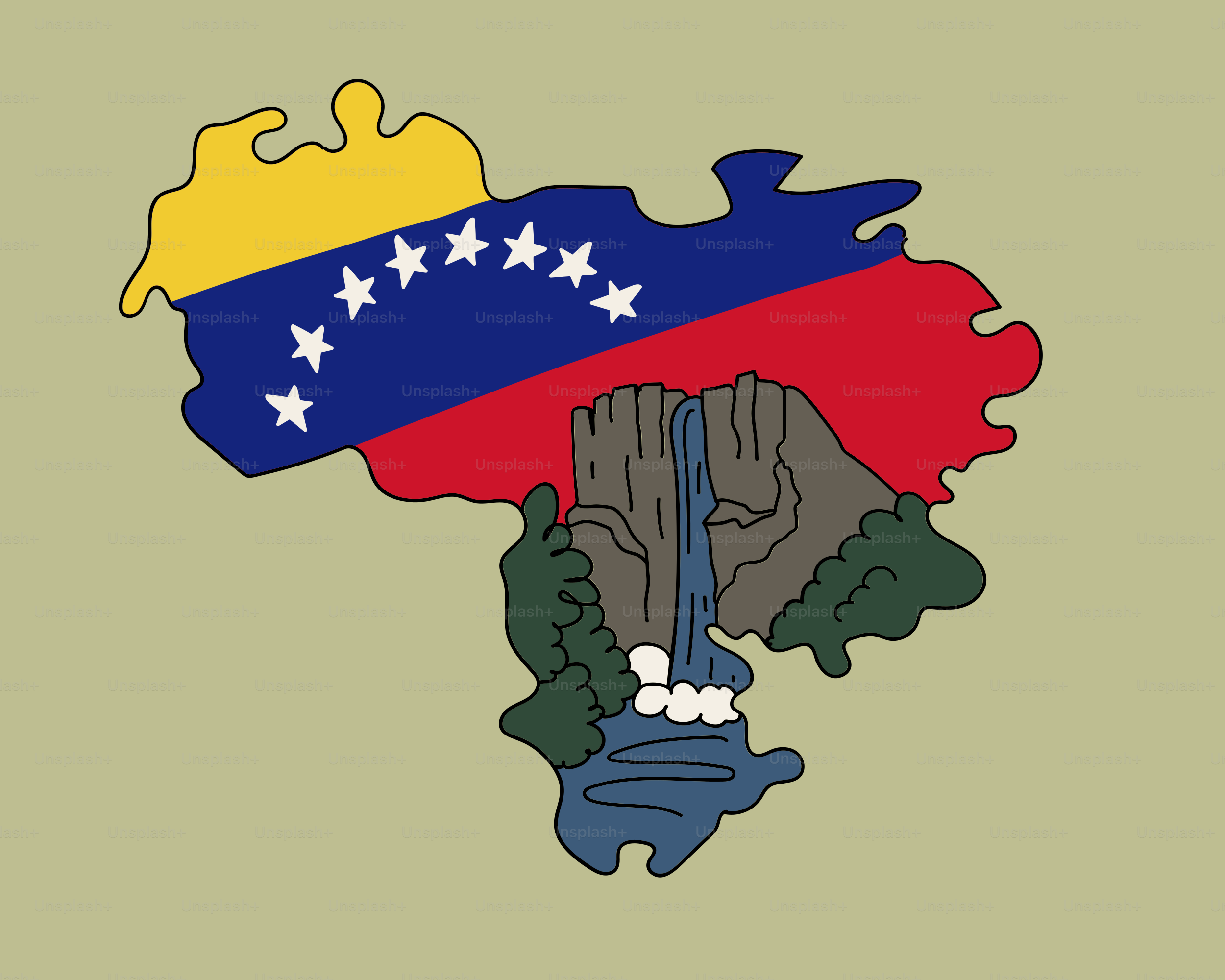 Karte von Venezuela mit Flagge und Wasserfall