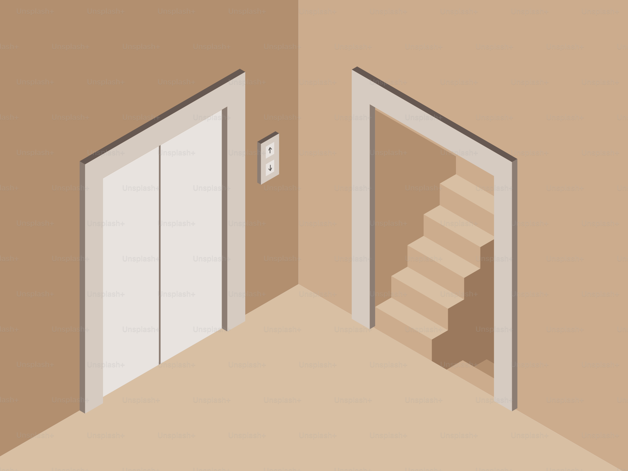 Elevator and staircase in a neutral-toned room