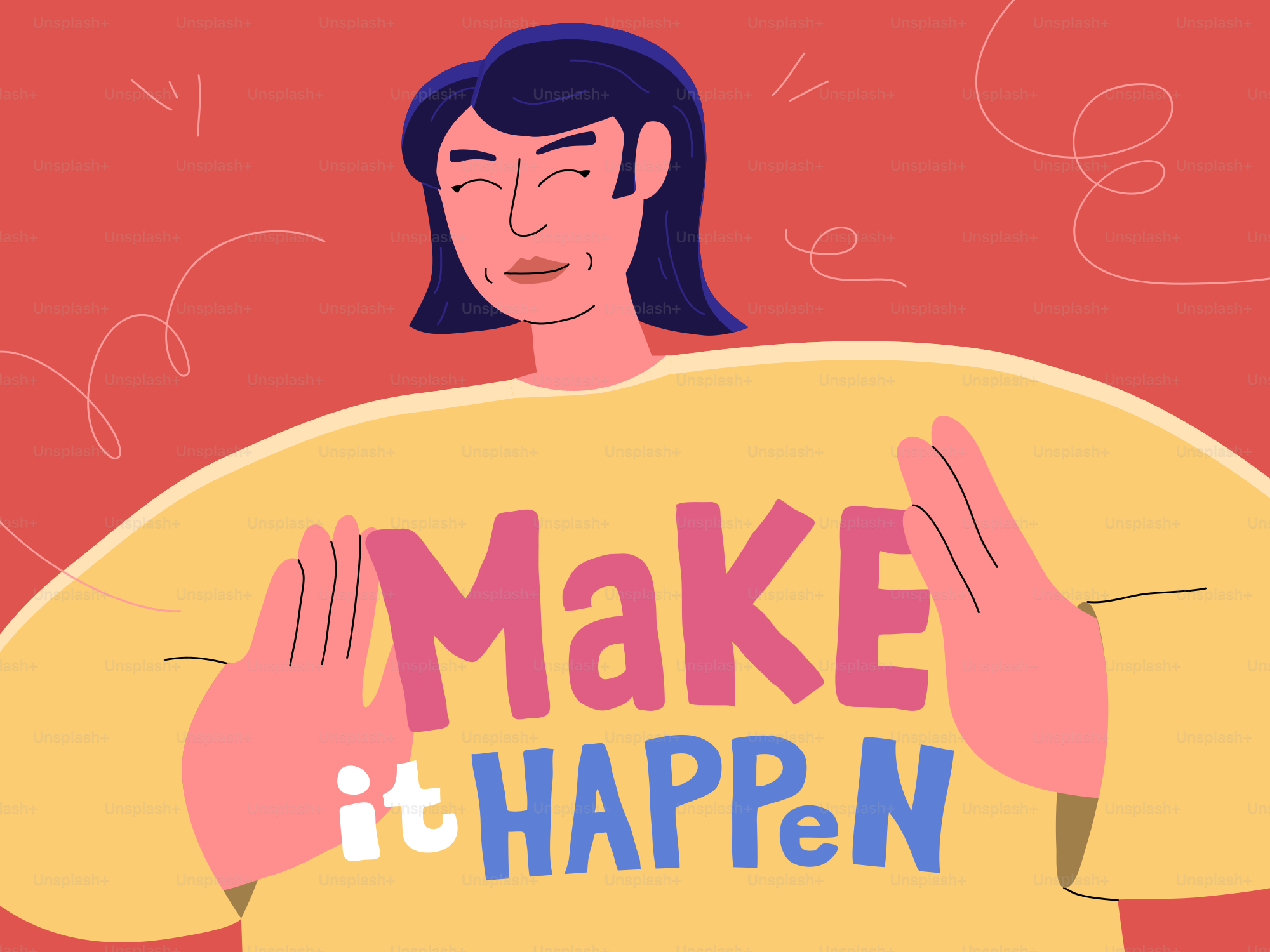 셔츠에 'Make it happen'이라고 적힌 여자.