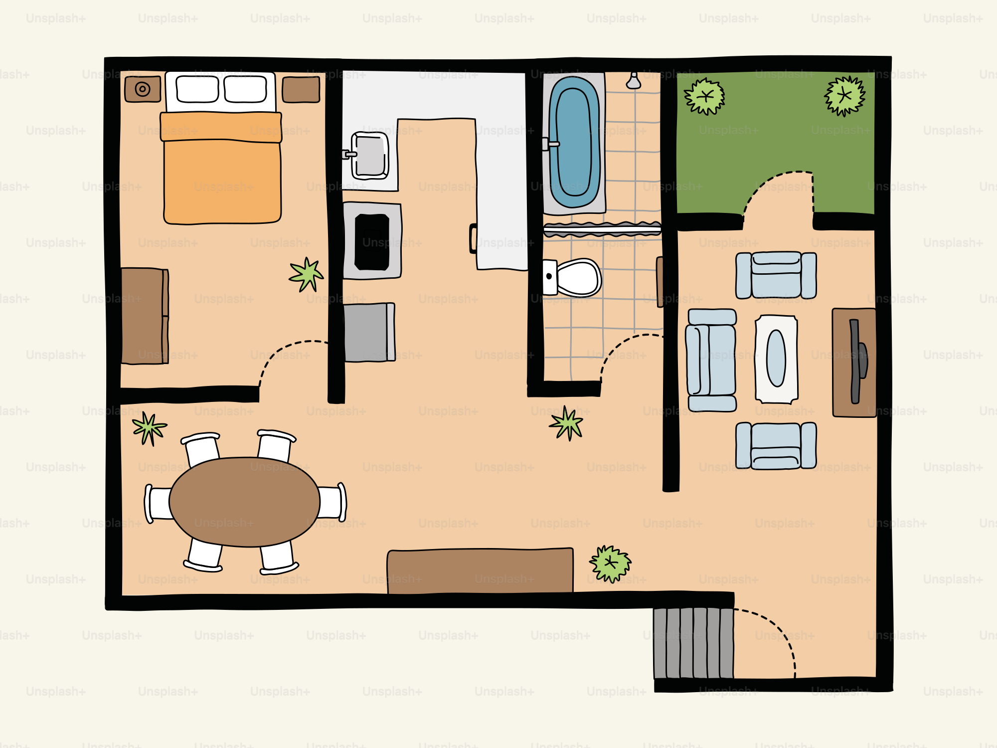 Floor plan of a one bedroom apartment with living area.