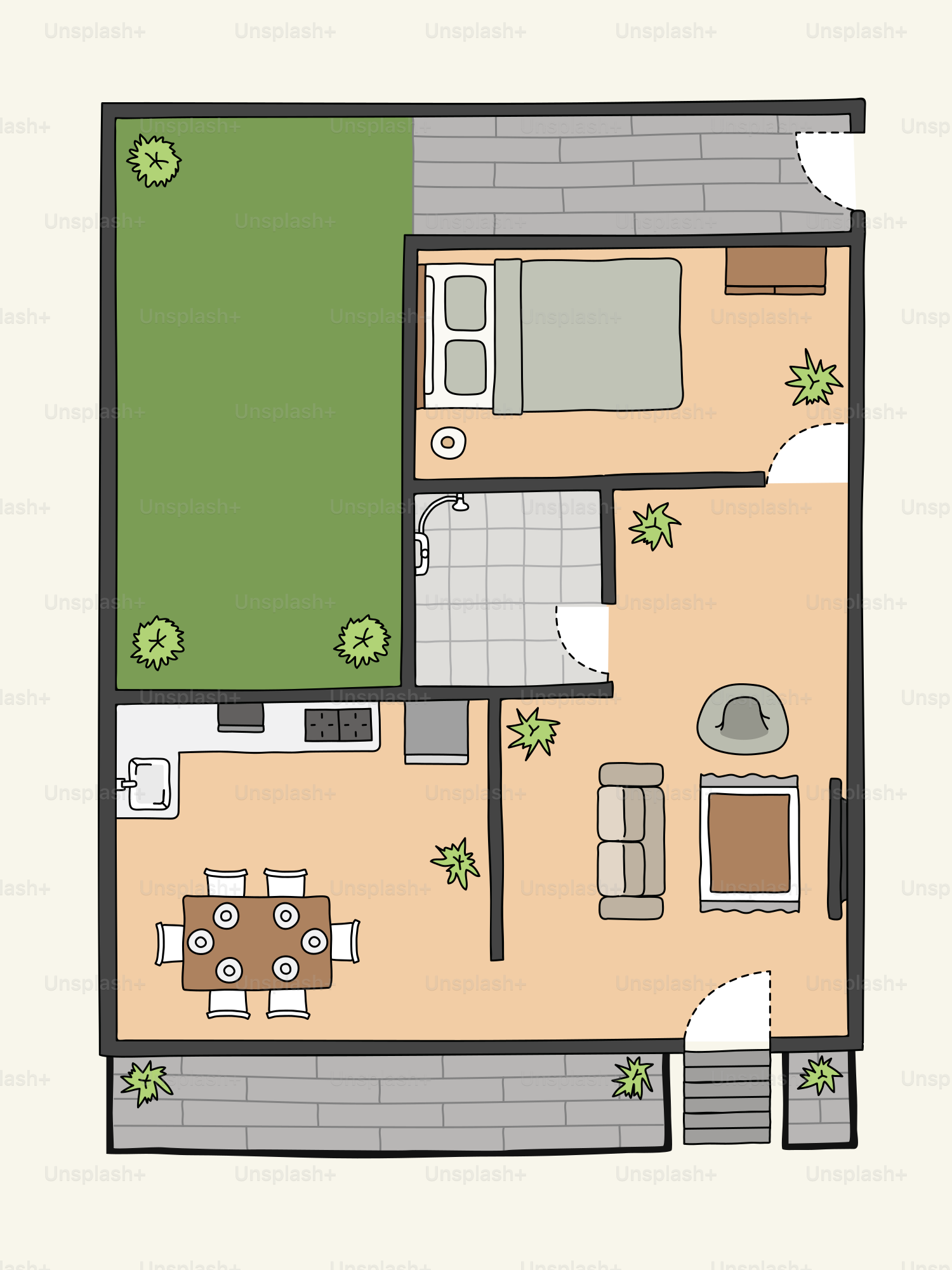 Planta de uma casa com quarto e área de estar