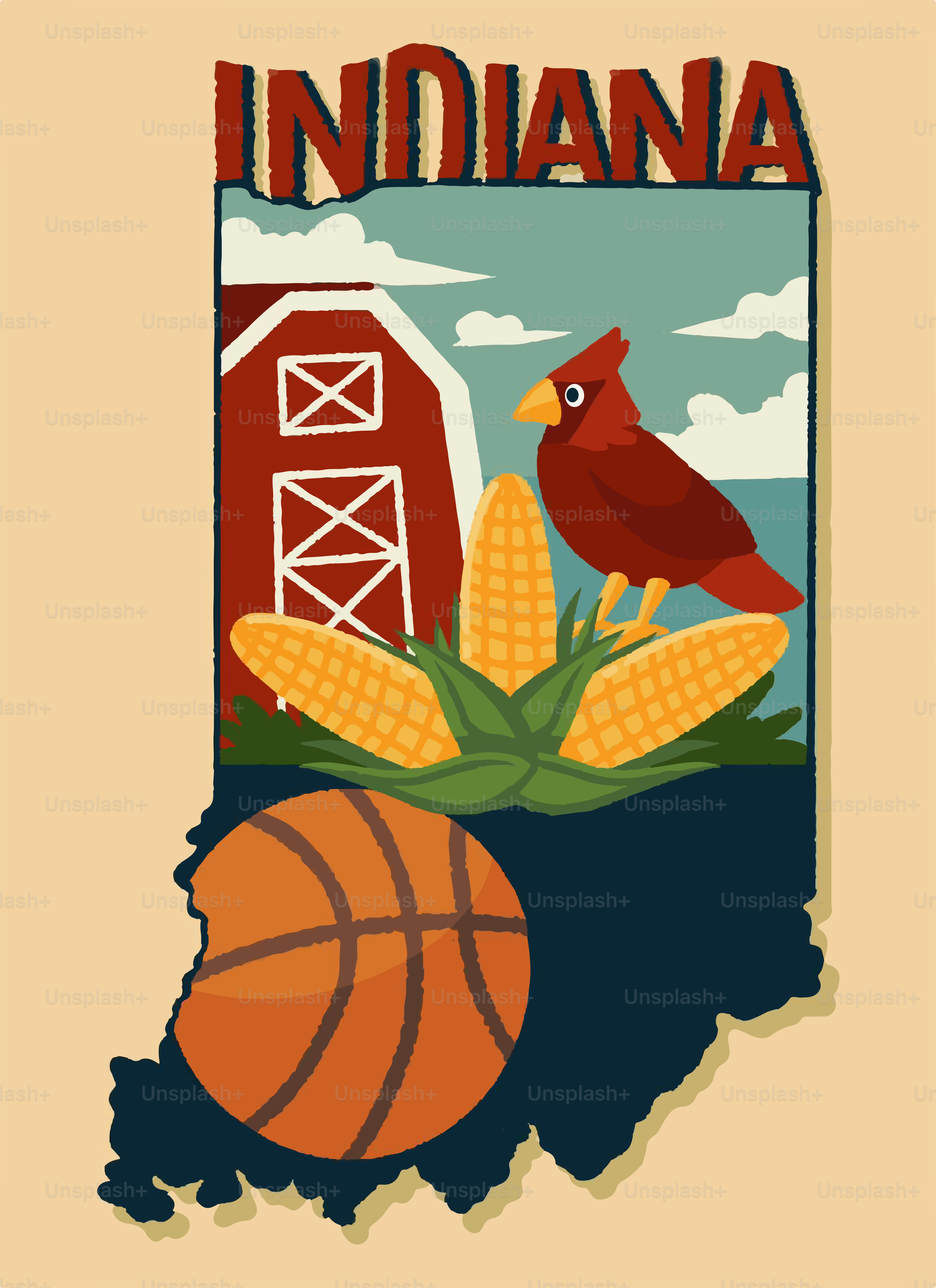 Indiana outline with cardinal, corn, barn, and basketball.