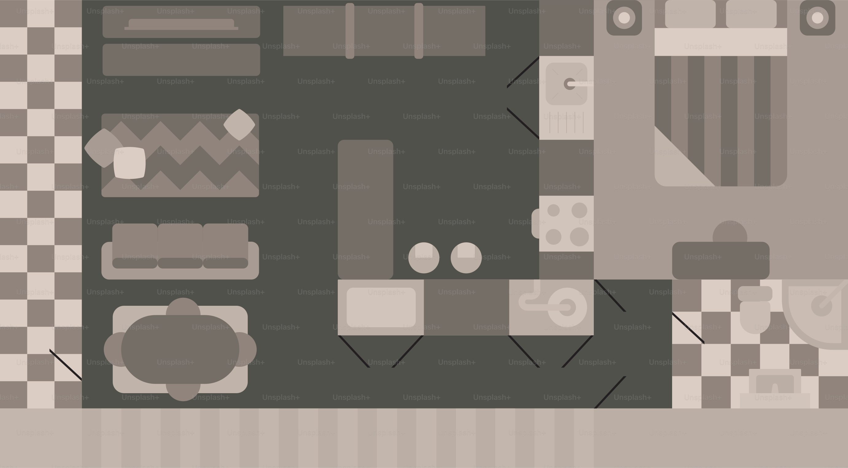 Vista dall'alto di una disposizione minimalista di un appartamento