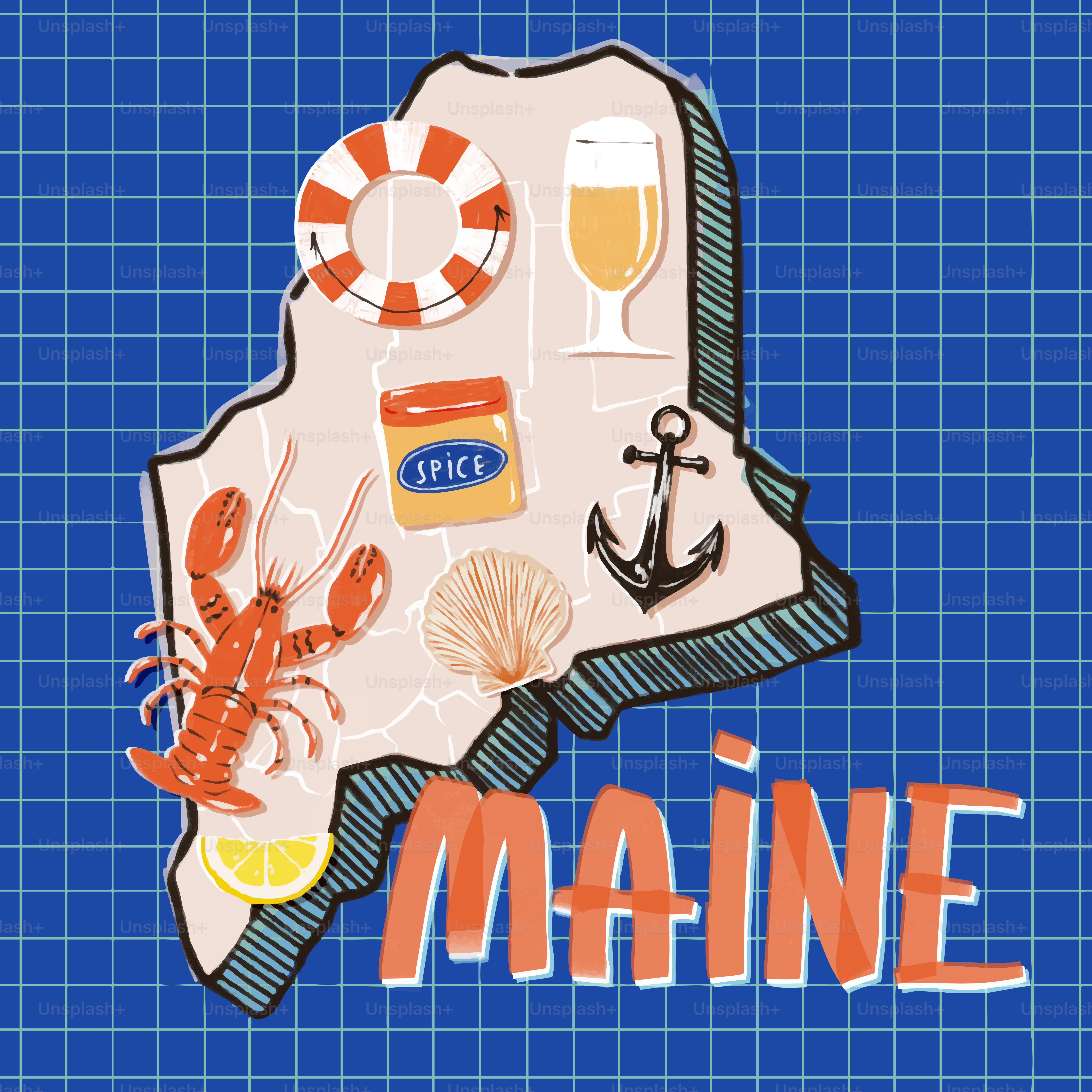 Contour du Maine avec homard, bière et symboles nautiques.