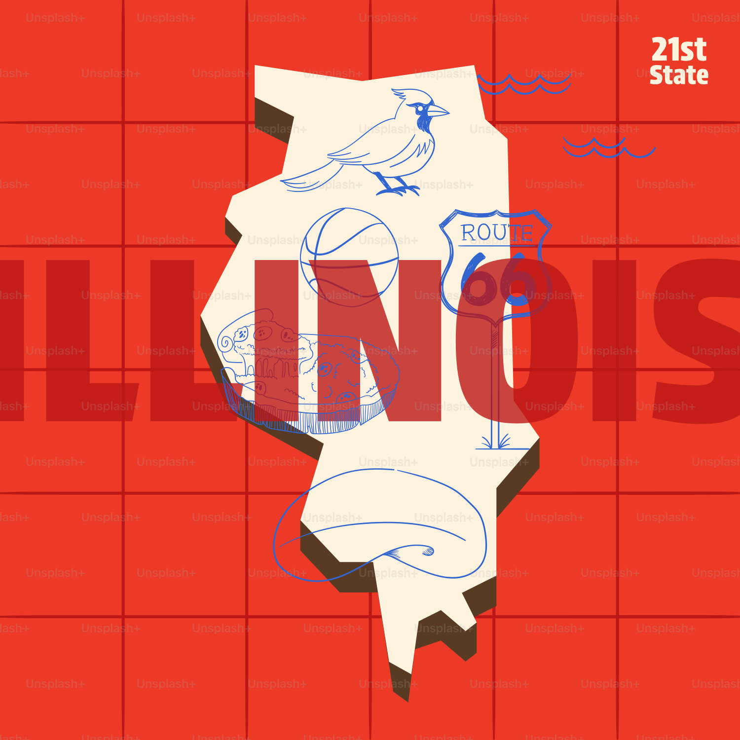 Outline of illinois with state symbols and route 66.
