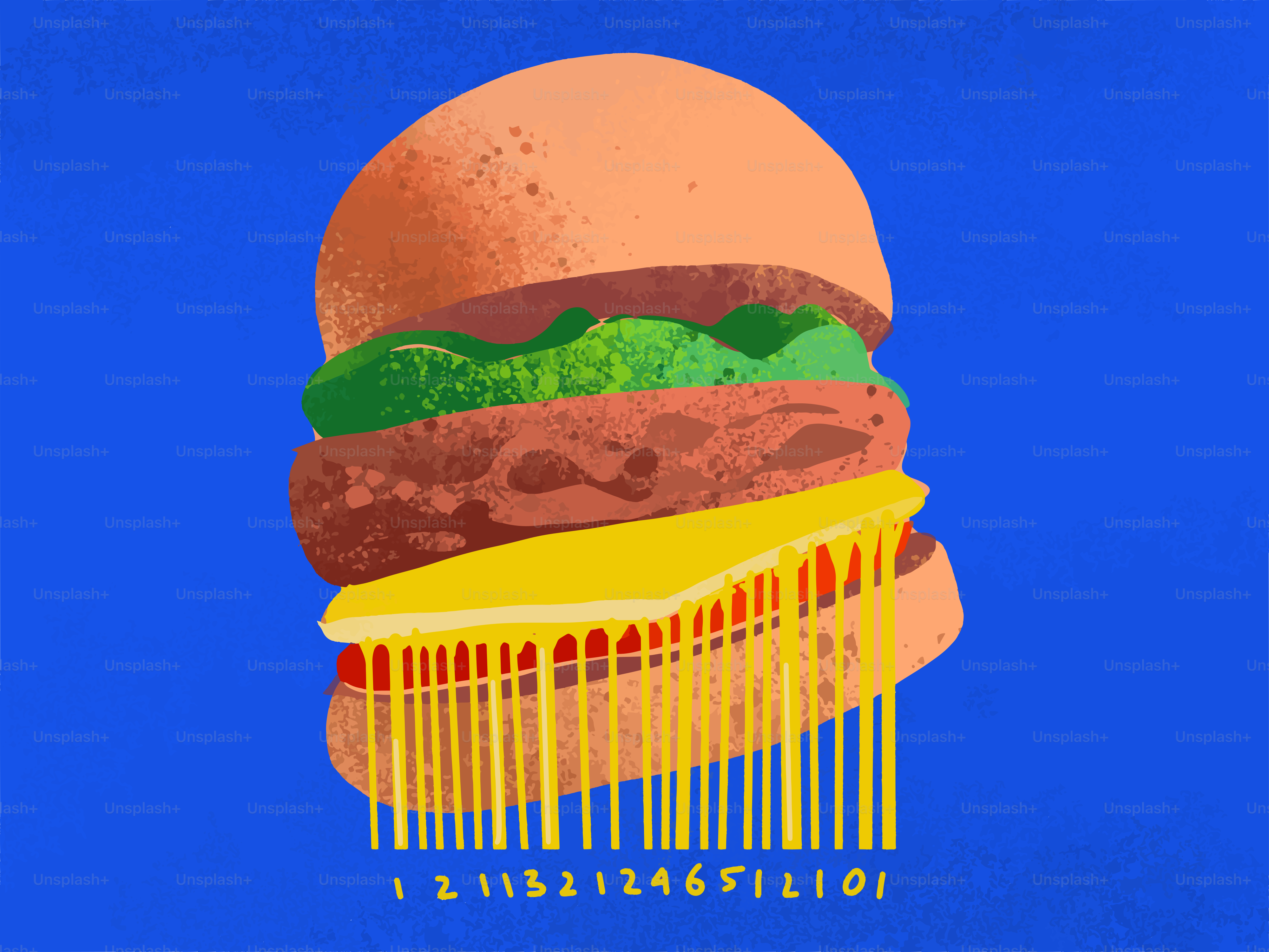 Un burger stylisé avec un code-barres en base.