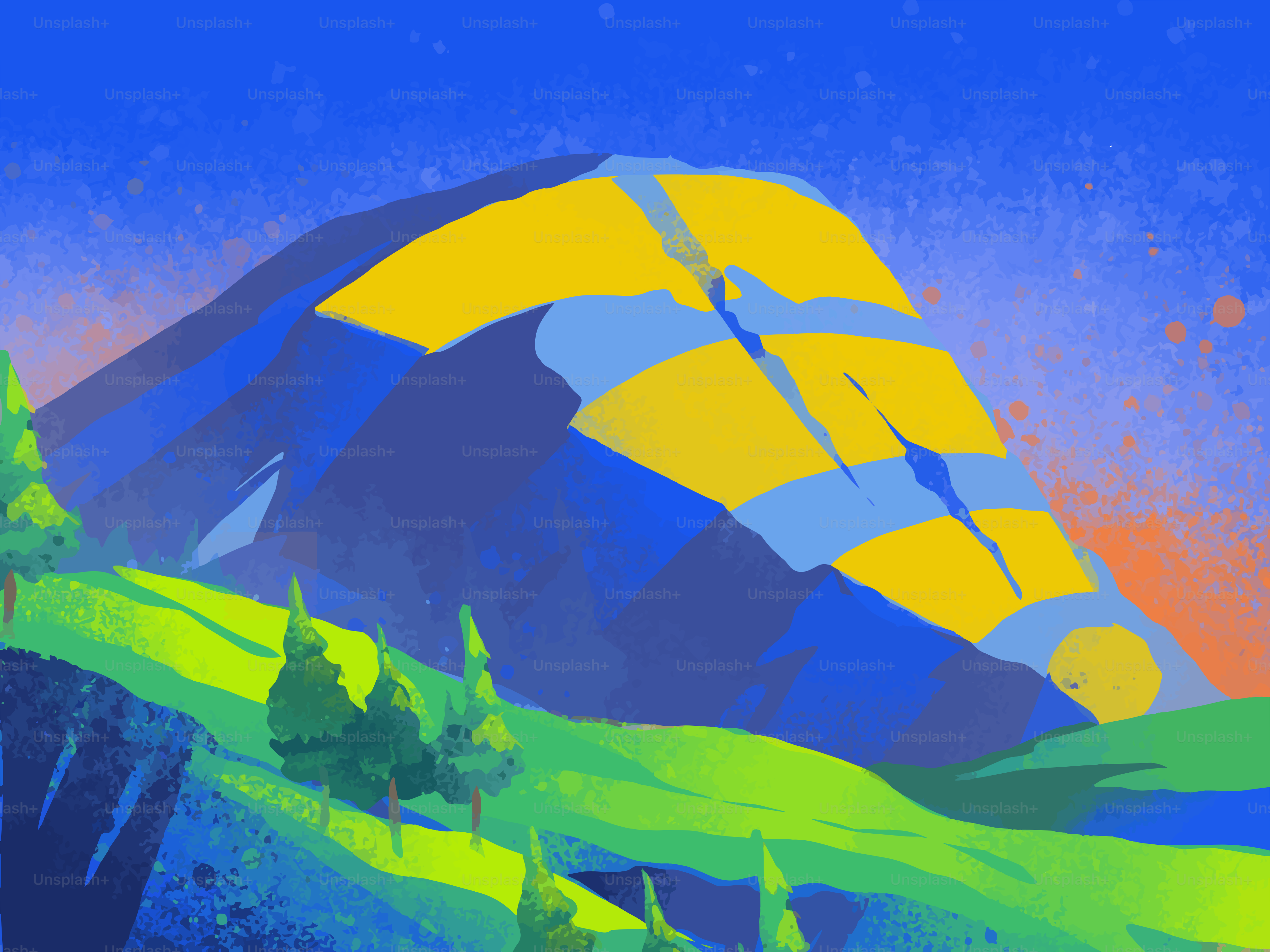 A stylized mountain with yellow and blue stripes