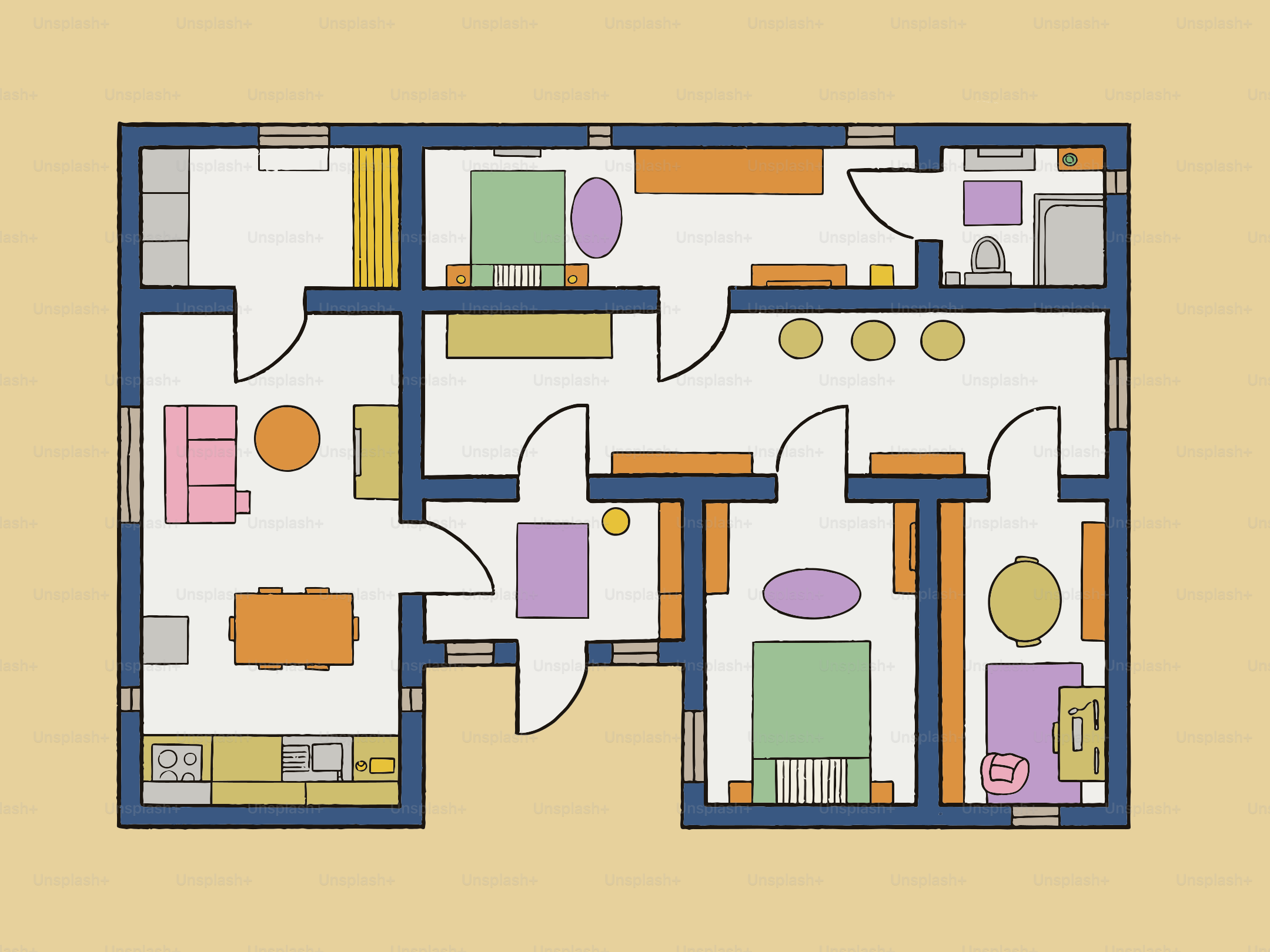 Plano de un apartamento de varias habitaciones con muebles