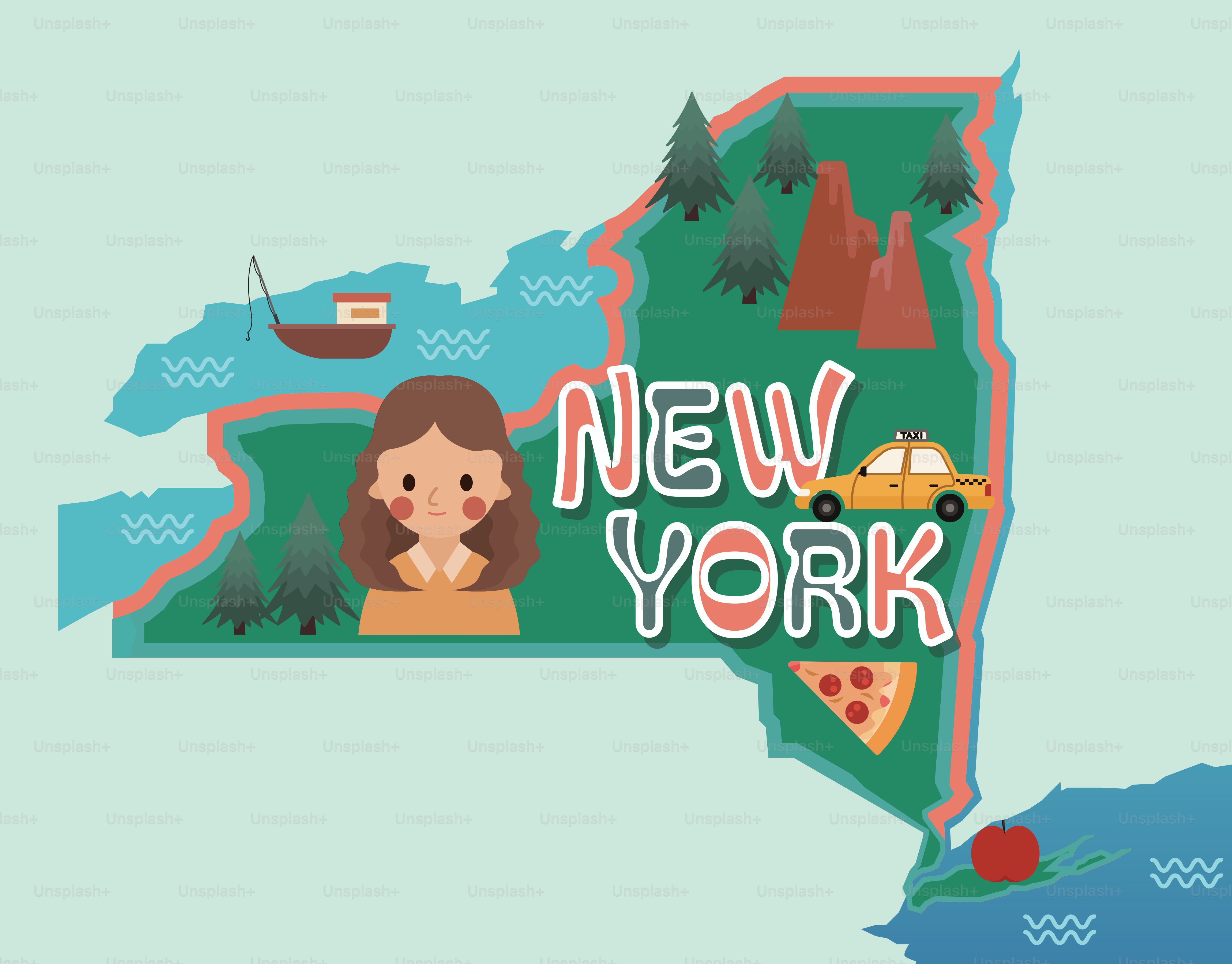 Carte de l’État de New York avec des symboles emblématiques