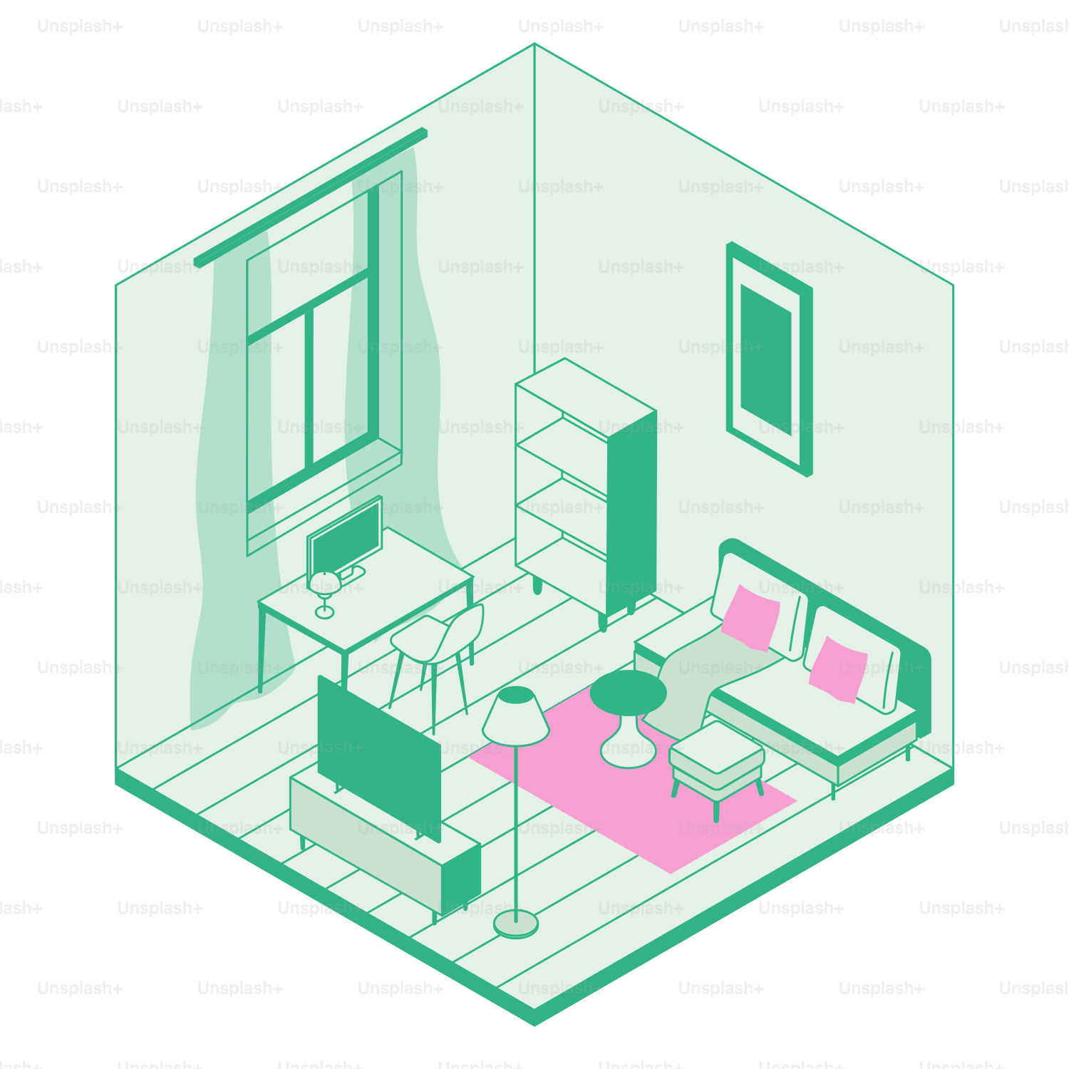 Isometric view of a modern living room with furniture.