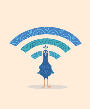 Ein blauer Pfau mit einem WLAN-Symbol darüber