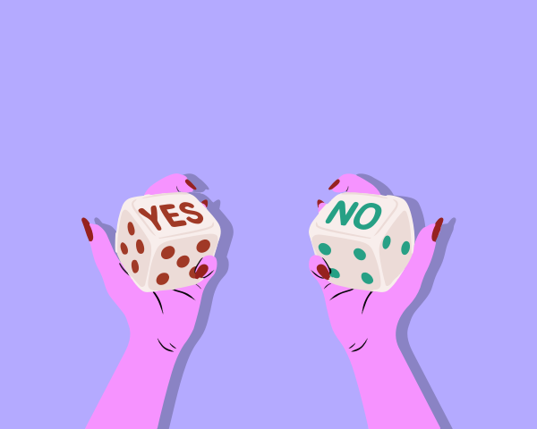 Hands holding dice with 'yes' and 'no' sides.