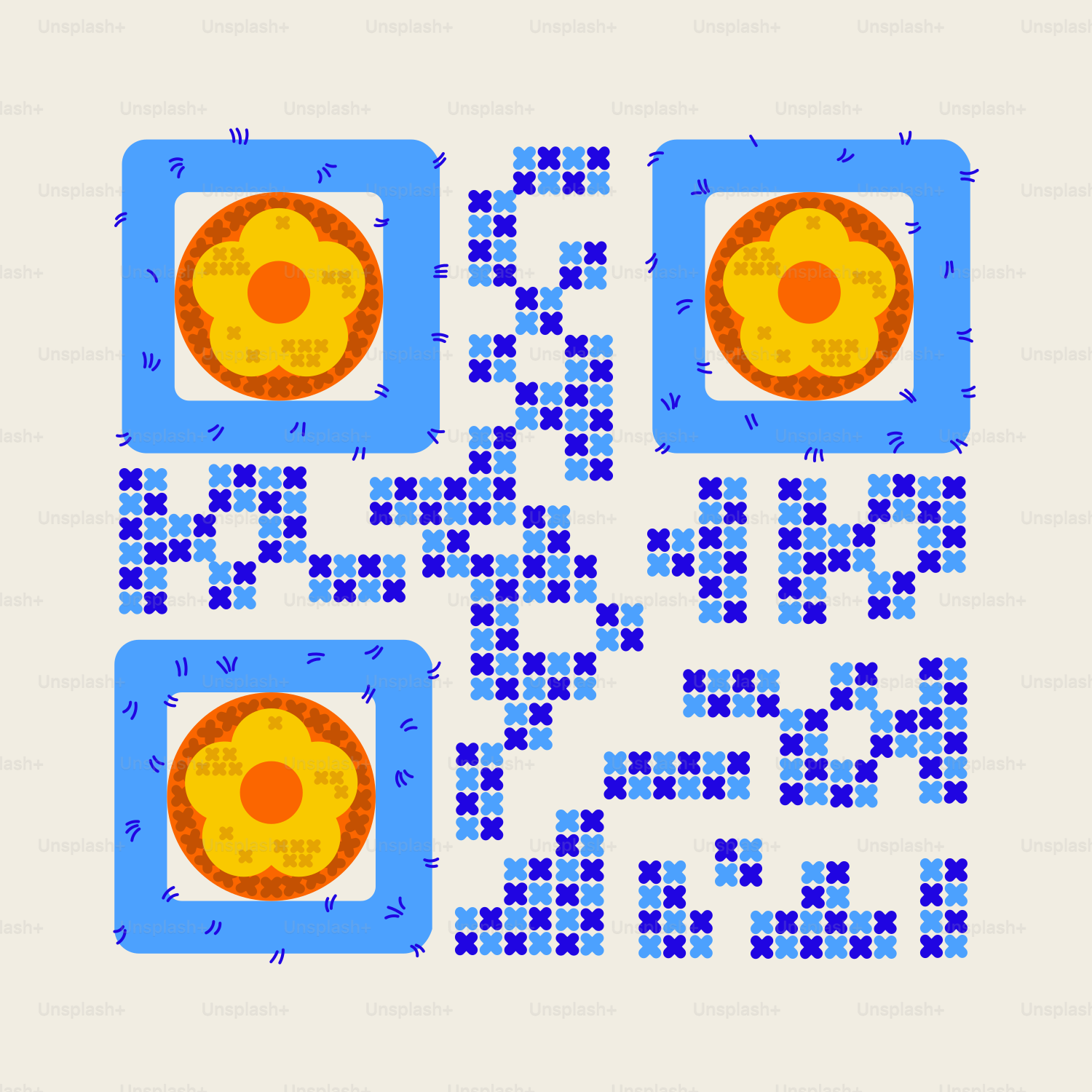 A qr code with floral designs and cross-stitch patterns.