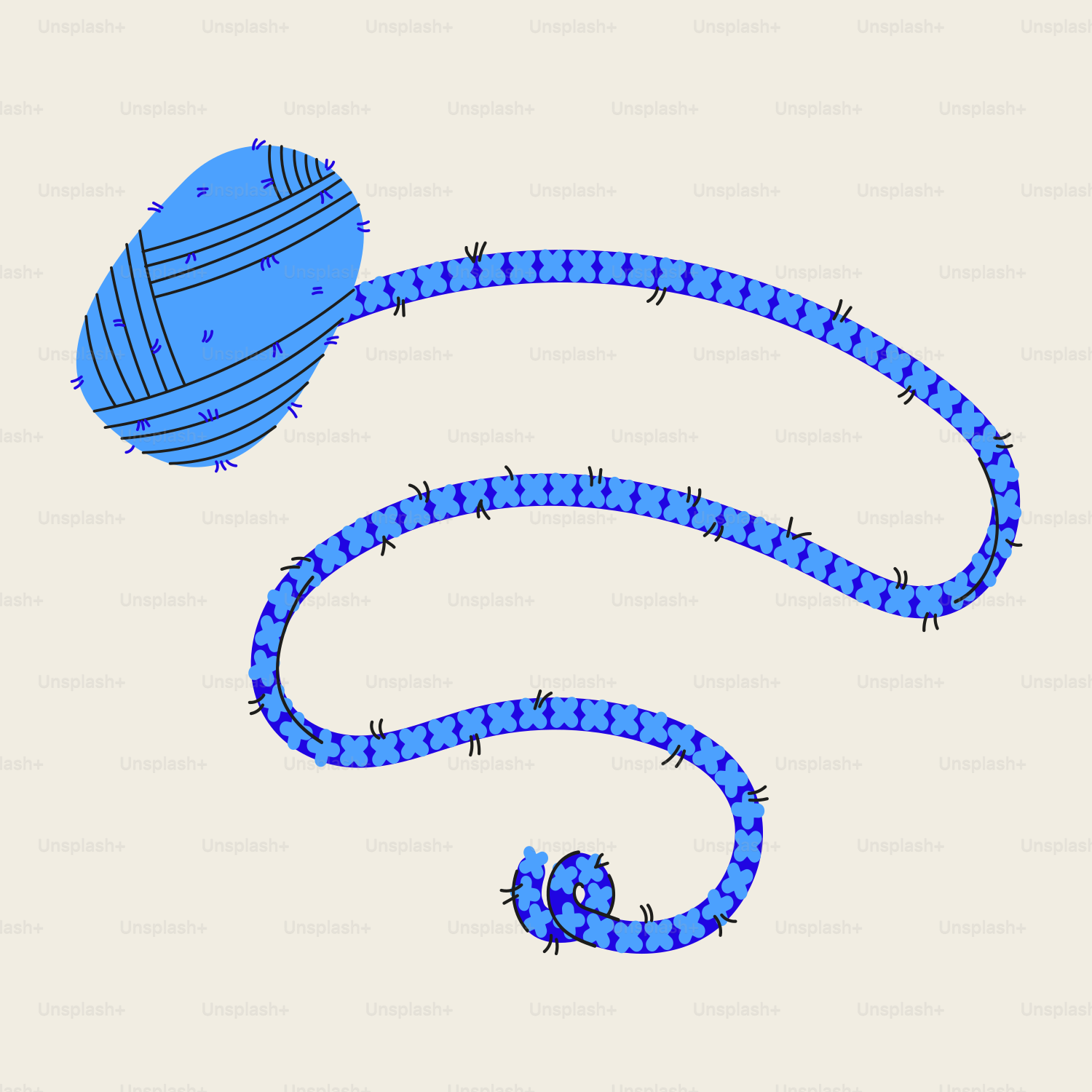 Um novelo de fio azul se desfazendo em um longo fio.