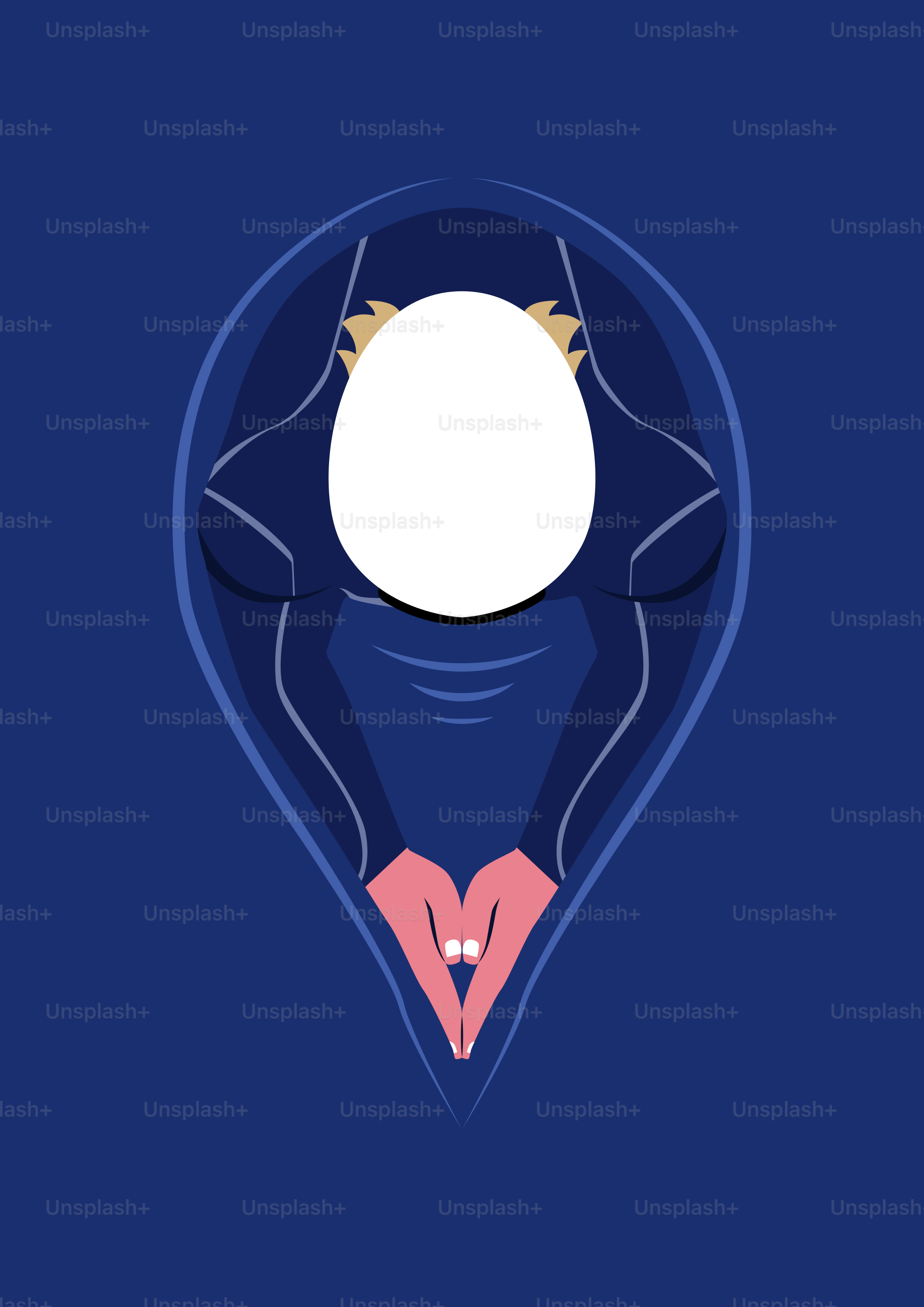 Eine dunkelblaue abstrakte Figur mit einem weißen ovalen Gesicht