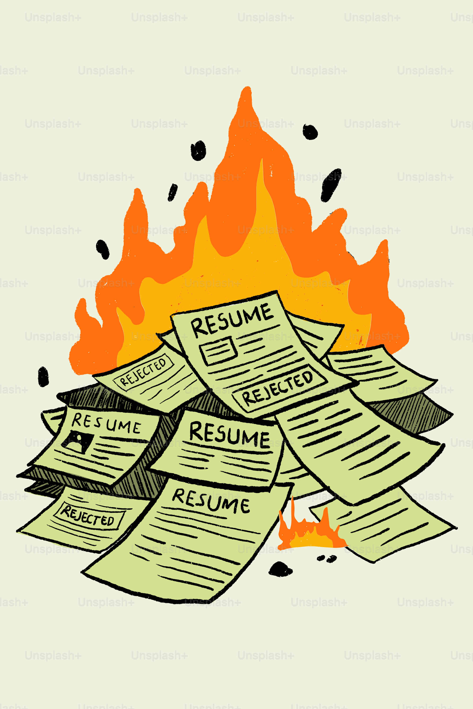 Pile of resumes burning in a fire.