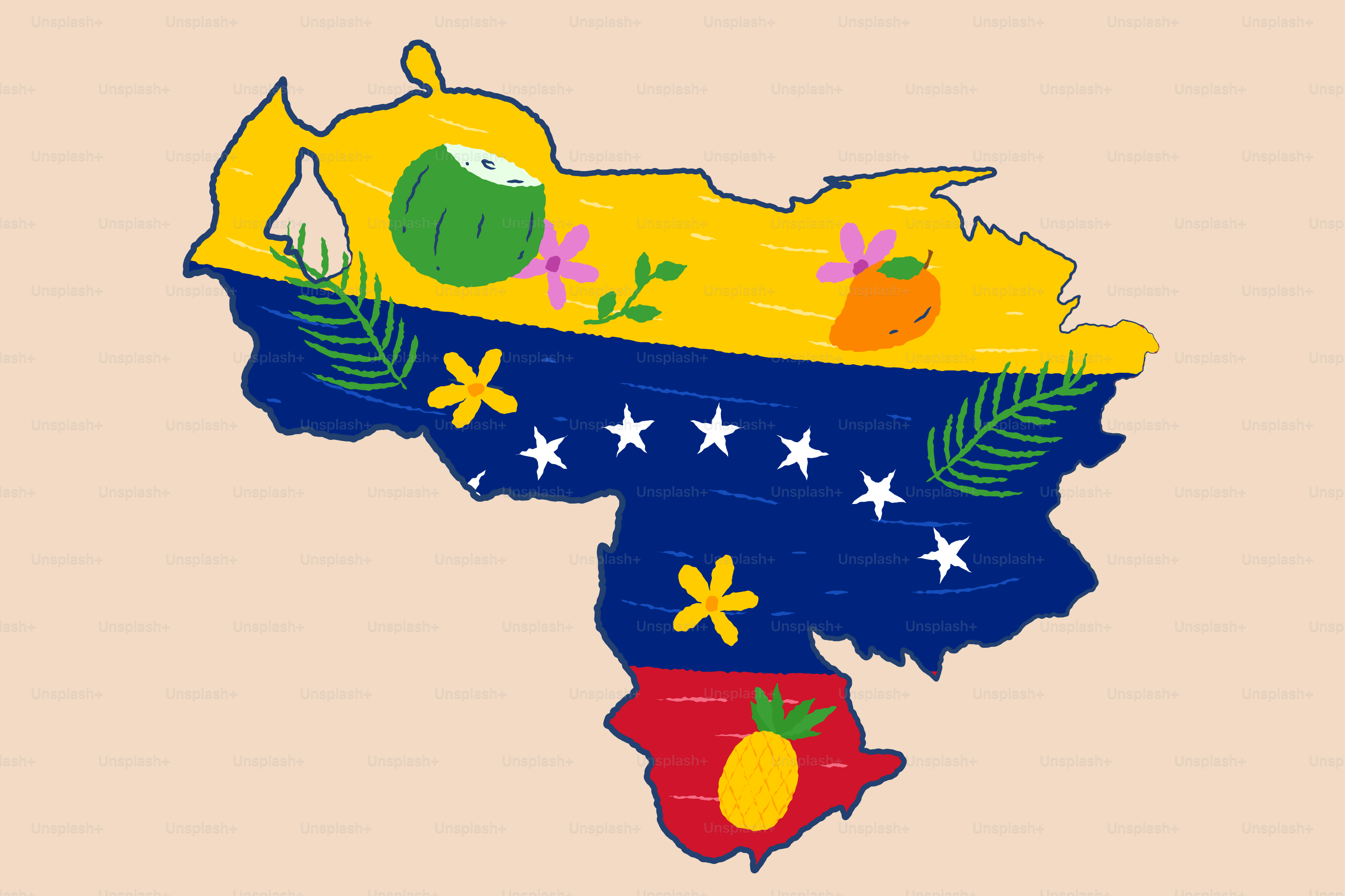 Map of venezuela with tropical fruits and flowers