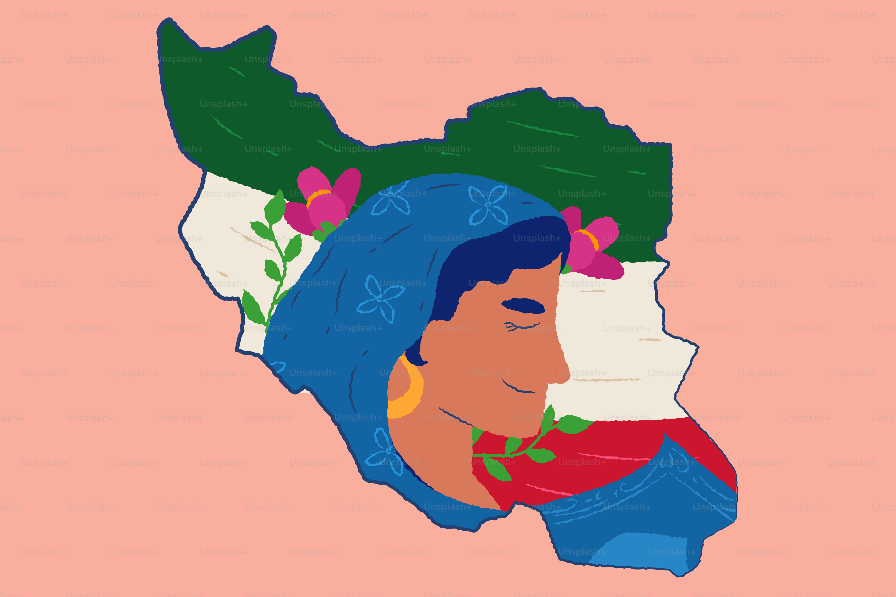 Woman's face superimposed on map of iran with flowers