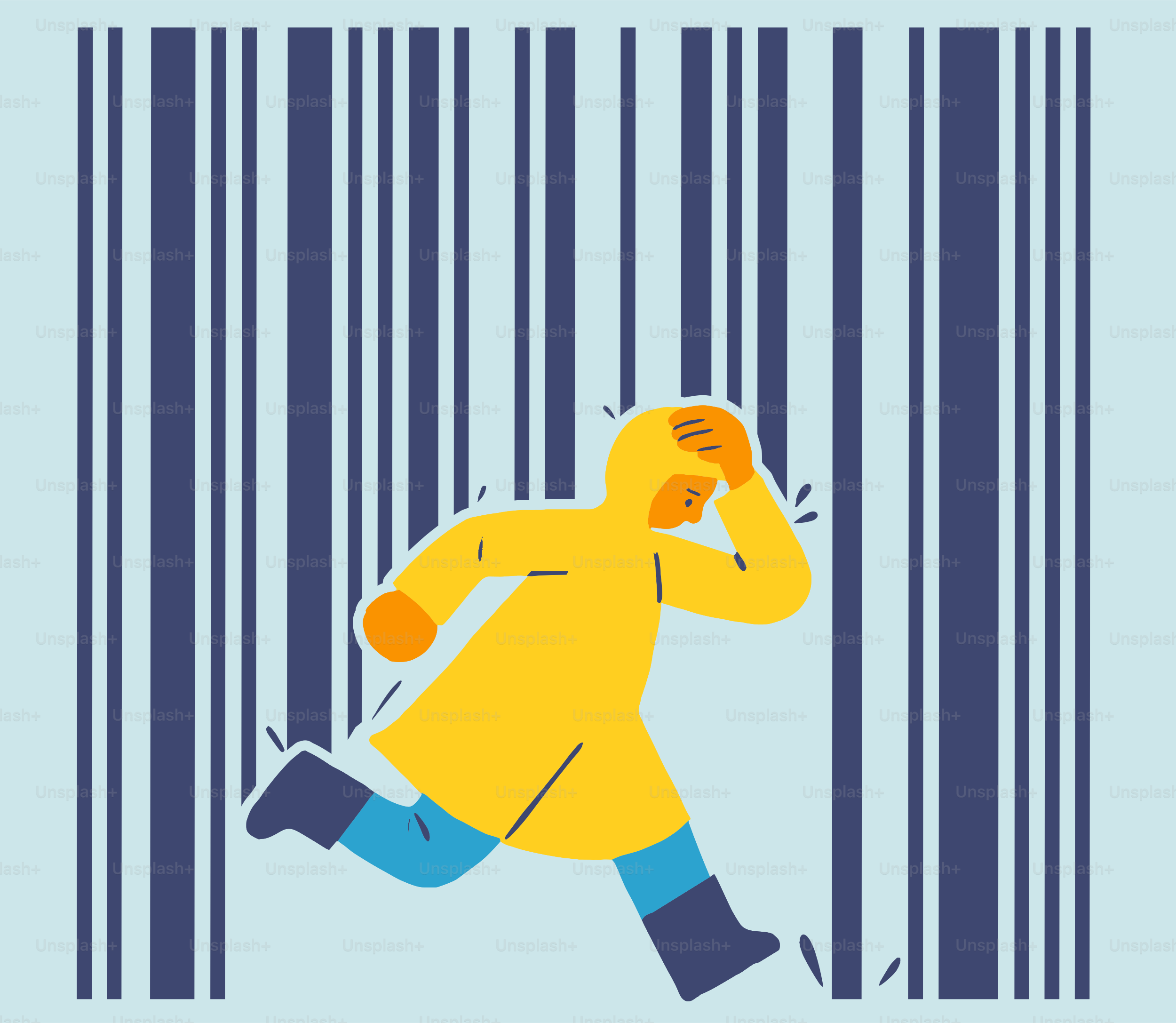 Person im gelben Regenmantel läuft durch den Barcode
