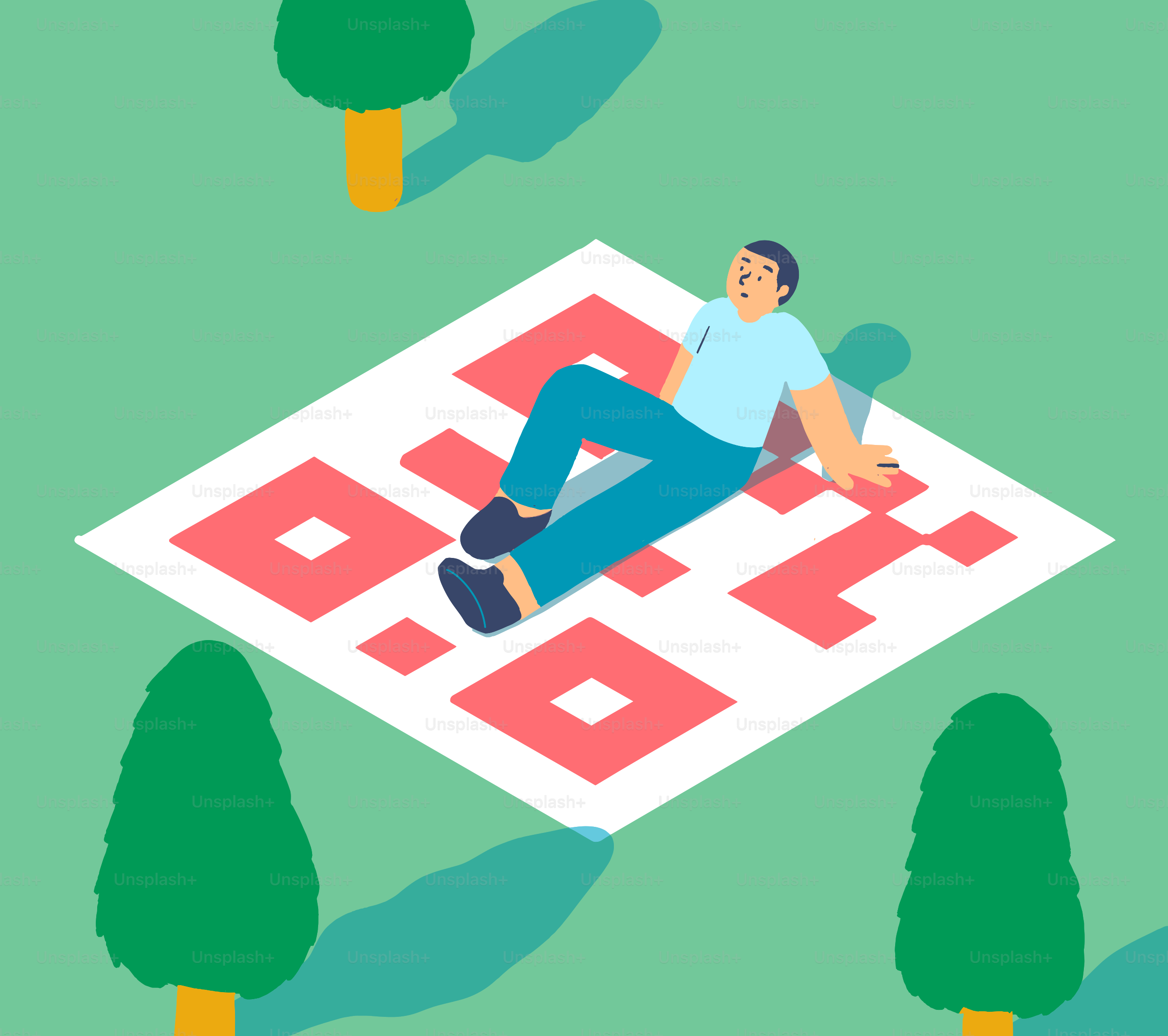 Uomo che si rilassa su un grande tappeto QR code all'aperto