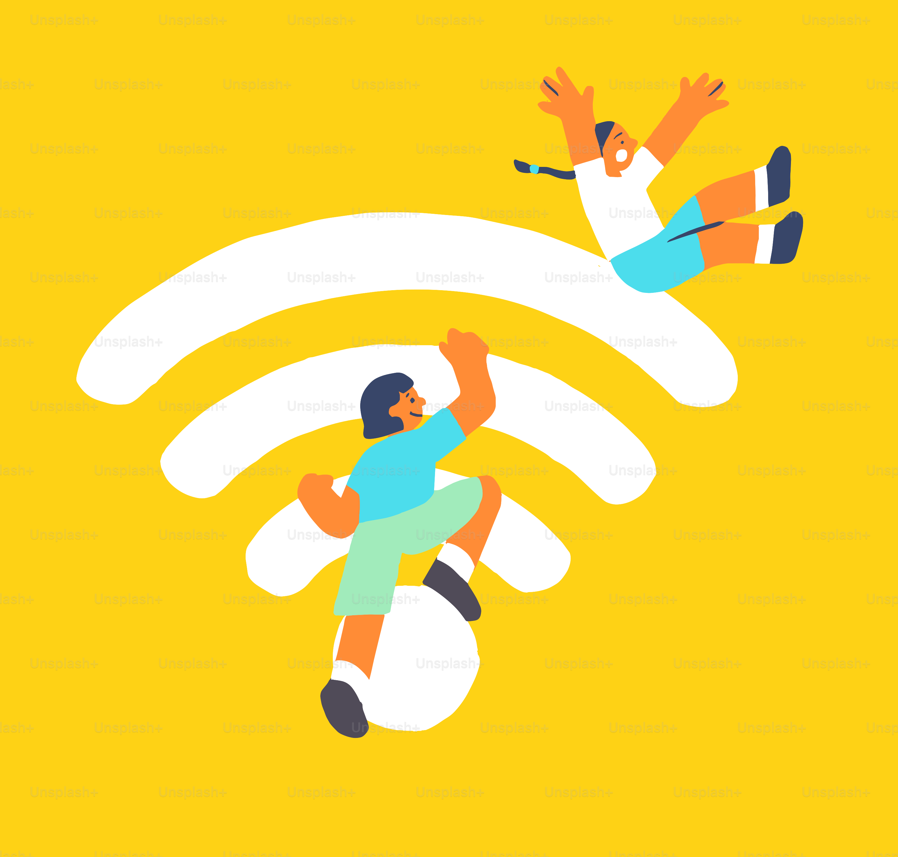 Zwei Personen, die auf das WLAN-Symbol klettern und springen.