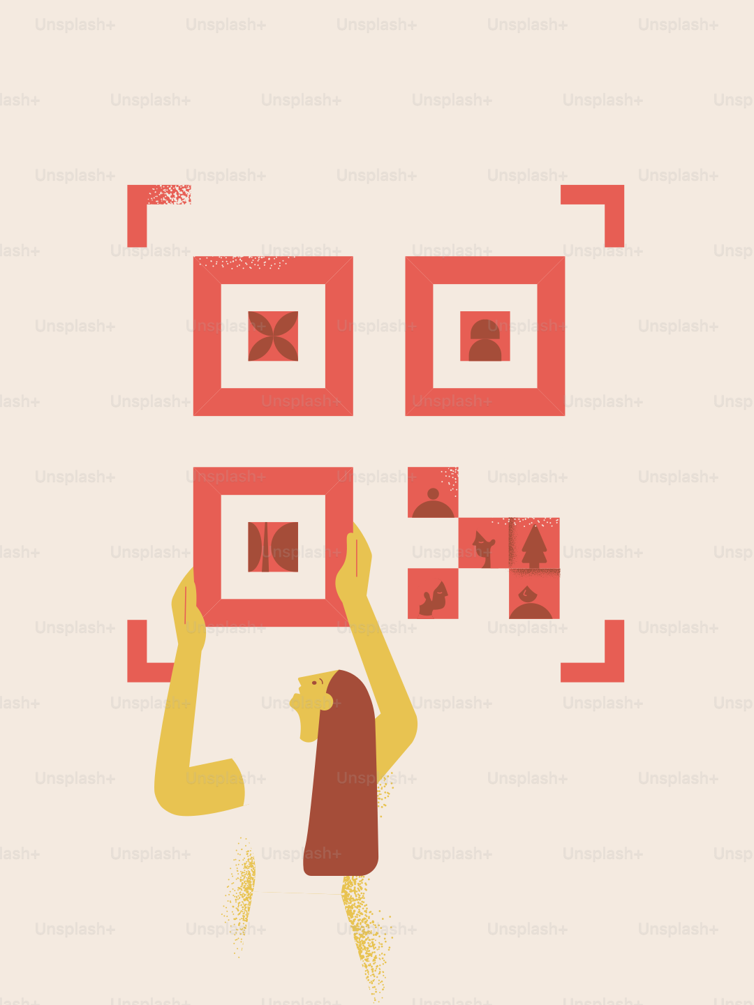 Mulher montando um QR code com pequenos ícones. vetor – Imagem sobre ...