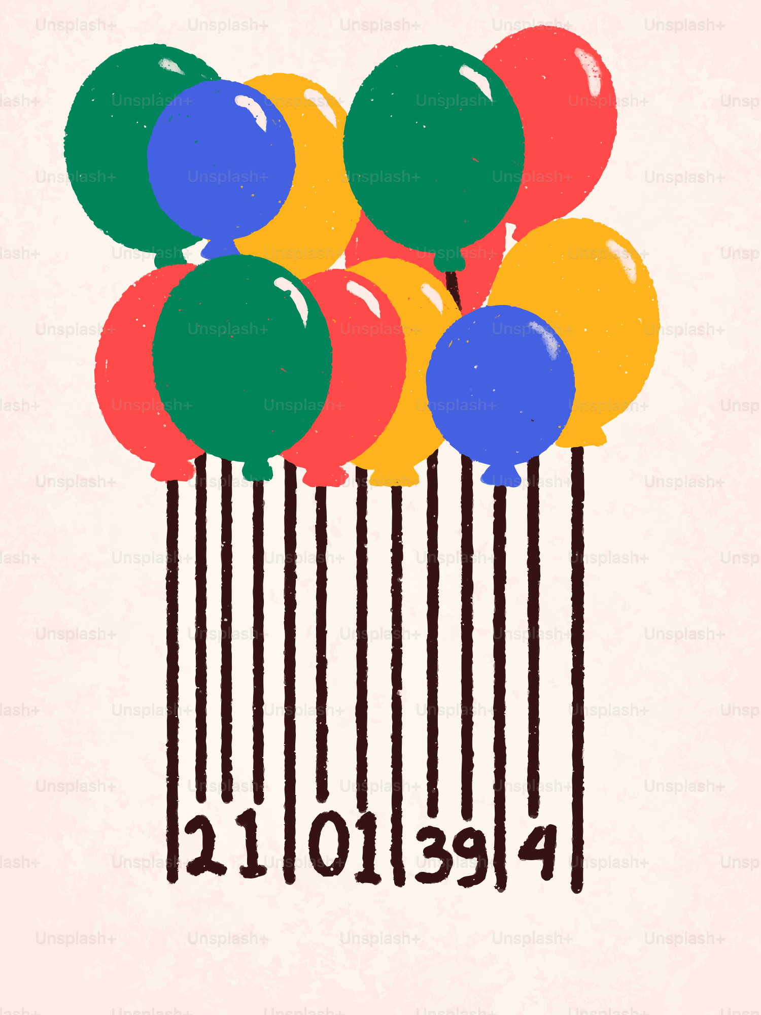 Globos de colores flotan sobre un código de barras