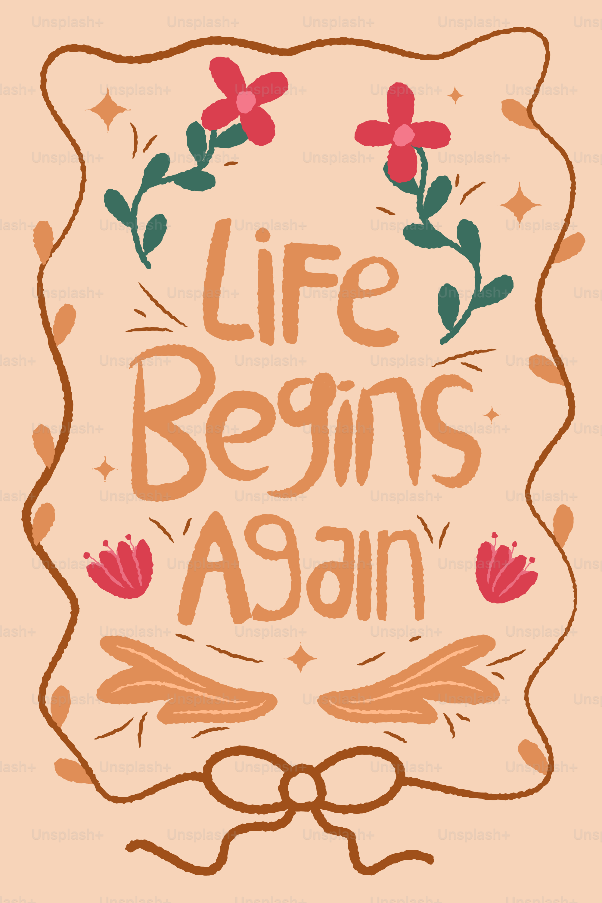 Das Leben beginnt von vorne Text mit Blumendekorationen