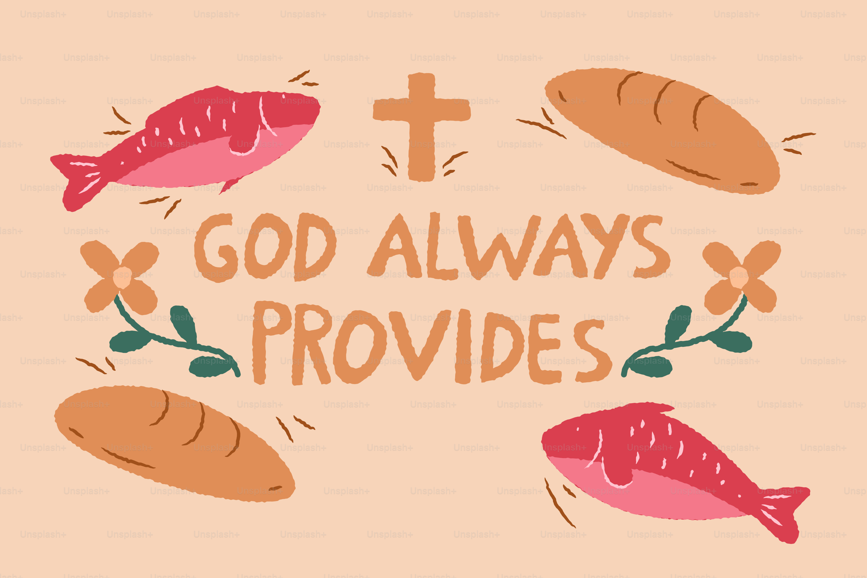 Cross, bread, and fish with "god always provides" text.