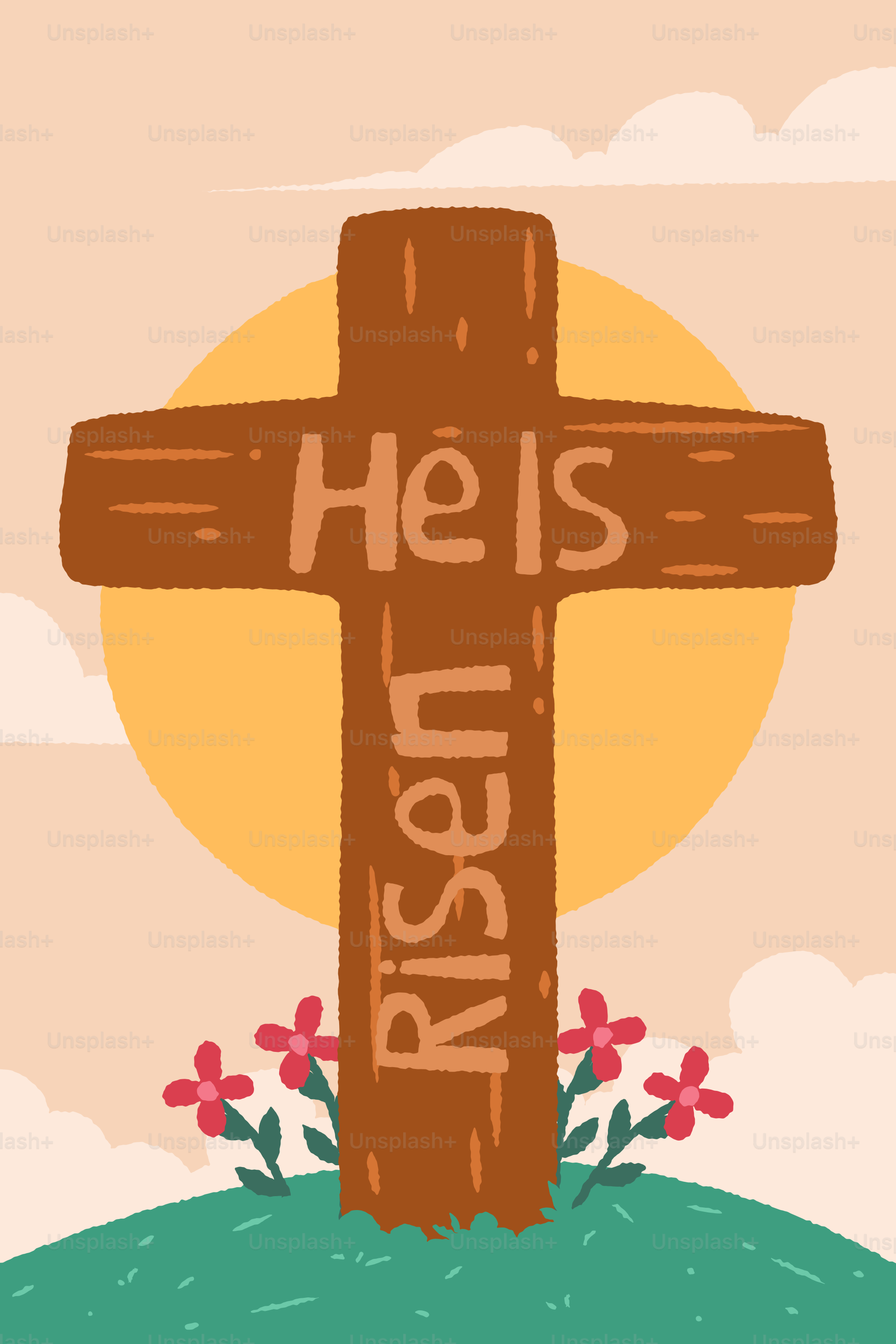 Cruz de madera con el texto 'ha resucitado' y flores.